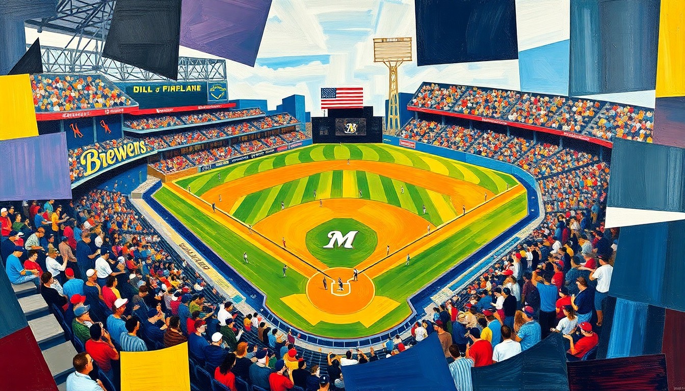 A fragmented, geometric painting depicting the dynamic movements and energy of a baseball game, with the players and field rendered in a cubist style using bold, clashing colors.