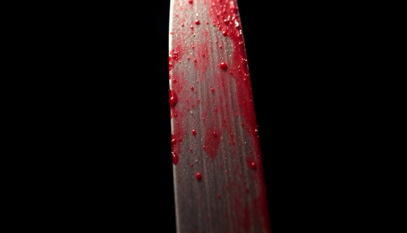 An extreme close-up photograph of a bloodied knife blade against a pitch-black background, creating a stark, gritty, investigative aesthetic without depicting actual violence.