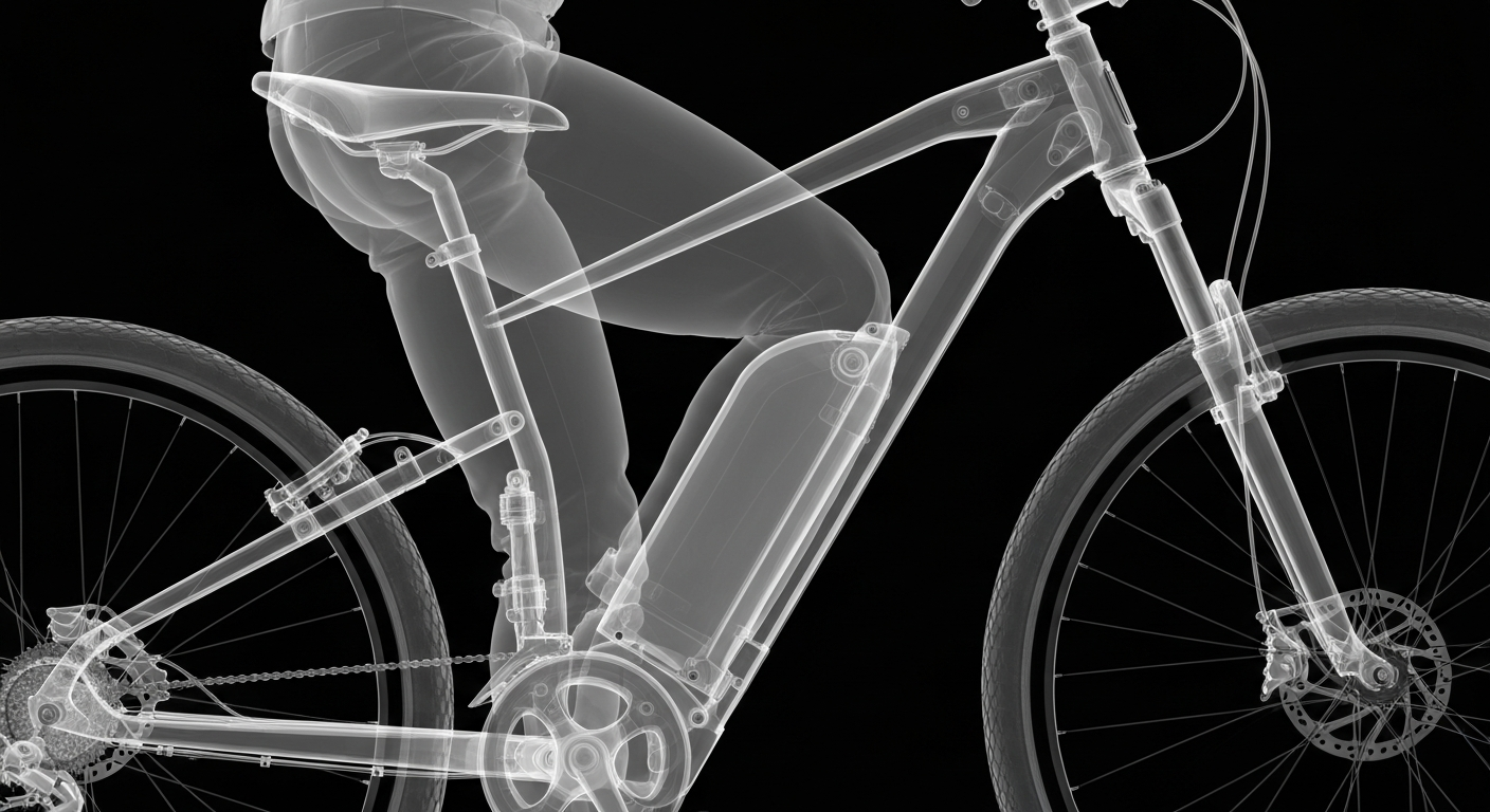 A highly detailed, translucent X-ray photograph showing the internal frame, components, and faint outline of an electric bicycle, conveying the fragility of the rider's body in a solo crash.