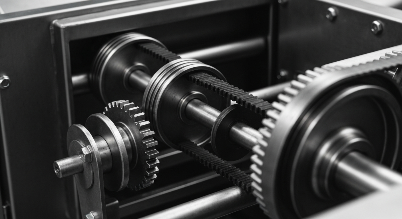 An extreme close-up of the intricate, heavy-duty machinery used in an industrial food processing plant, with metallic gears, belts, and components filling the frame and conveying a sense of the company's manufacturing prowess.