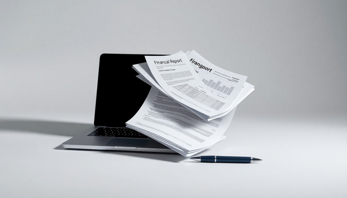 A photorealistic studio still-life photograph featuring a stack of financial reports, a laptop, and a pen arranged elegantly on a clean, monochromatic background, conceptually representing the abstract corporate strategy and finance behind BuzzFeed's quarterly earnings.