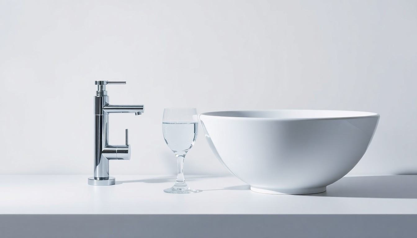A photorealistic studio still life featuring a polished chrome faucet, a glass of clear water, and a smooth white ceramic sink basin, arranged elegantly on a clean, monochromatic background to symbolize the precision and quality of Zurn Elkay's water solutions.