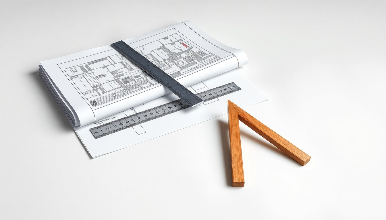 A photorealistic studio still life featuring architectural drafting tools arranged elegantly on a clean, monochromatic background, conceptually representing the precision and strategy of the engineering consulting industry.