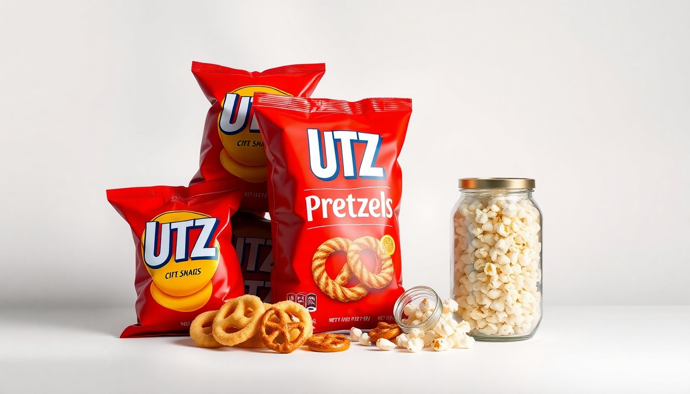 A high-end studio still life photograph featuring a stack of Utz potato chip bags, a bag of Utz pretzels, and a glass jar of Utz popcorn kernels arranged elegantly on a clean, white background, conceptually representing the premium quality and market leadership of the Utz snack brand.