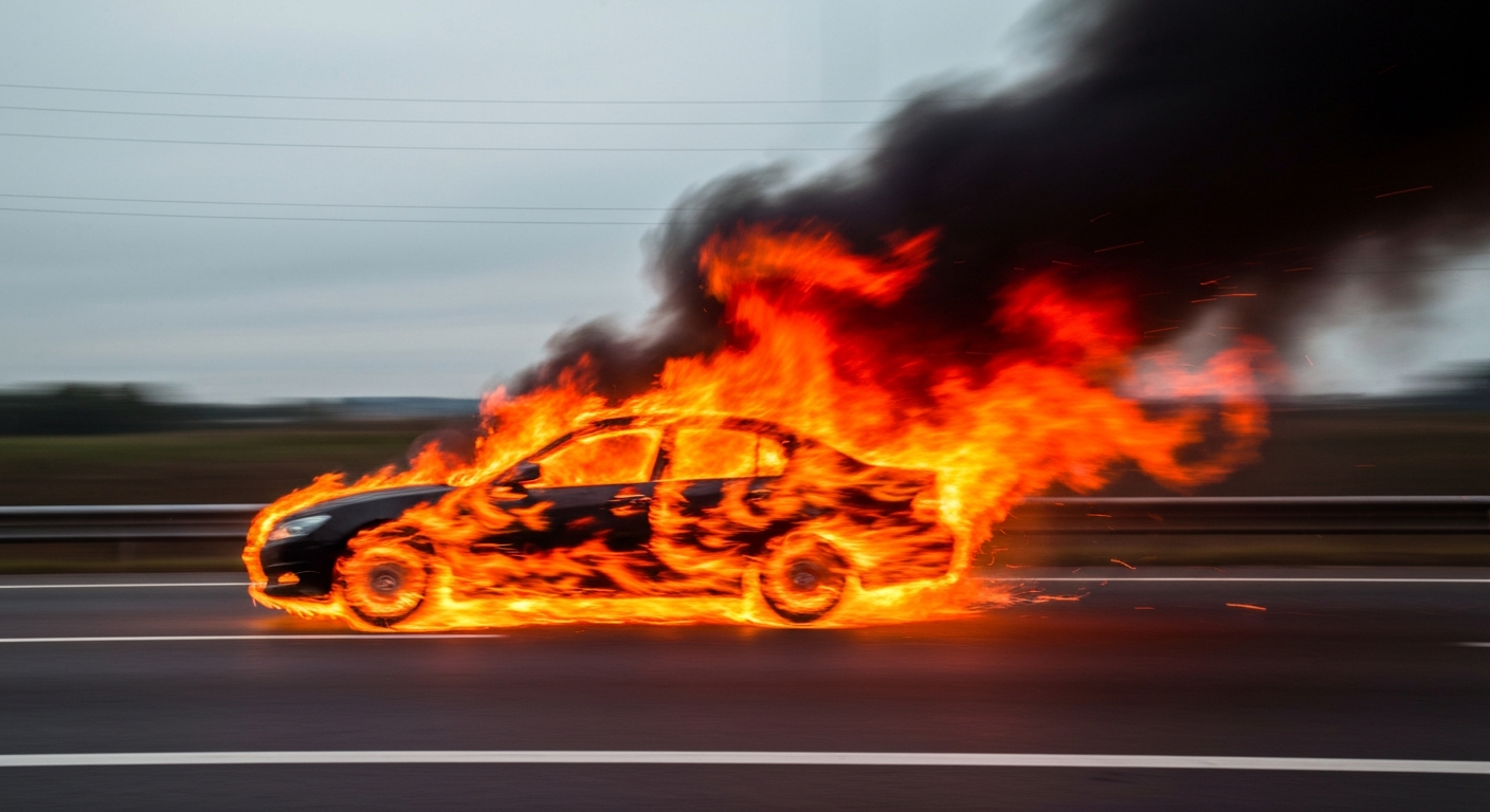 Sweeping, abstract brushstrokes of vibrant orange, red, and black flames against a blurred background, conceptually representing the chaos and disruption of a car fire on the highway.