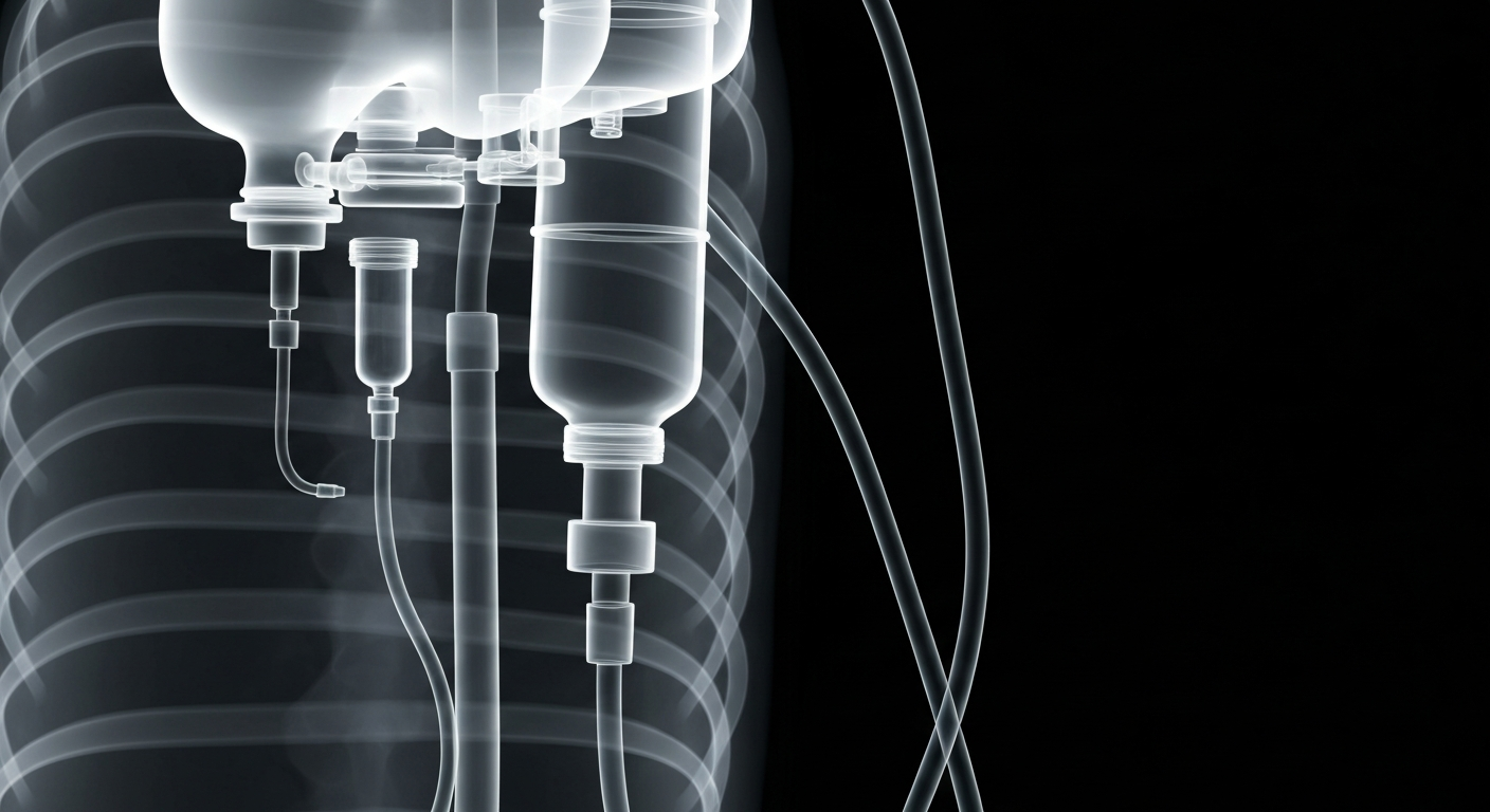 A translucent, ghostly X-ray image showing the internal structure of an IV drip bag and tubing, conveying the clinical nature of home healthcare services.