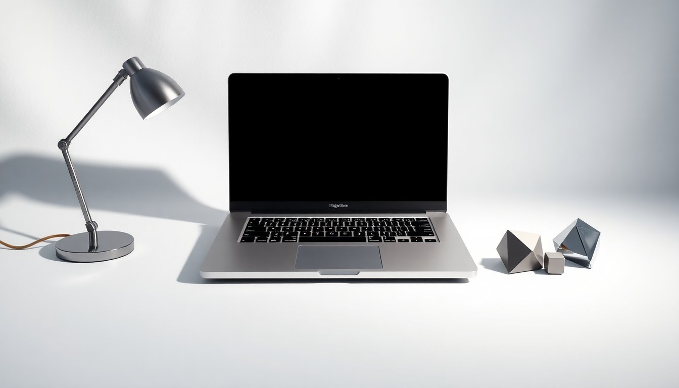 A minimalist, high-end studio photograph featuring a sleek laptop computer, desk lamp, and geometric paperweights arranged on a clean white background, conveying the precision and innovation of Infleqtion's technology products.