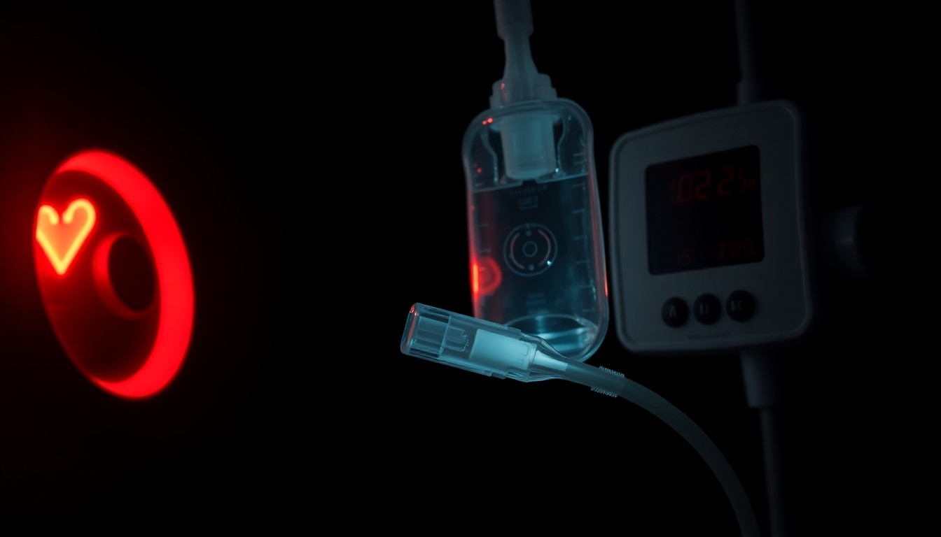 An extreme close-up photograph of a medical device or piece of hospital equipment, such as an IV line or heart monitor, lit by a harsh, direct camera flash against a pitch-black background, conveying a stark, gritty, investigative aesthetic without depicting any violence.