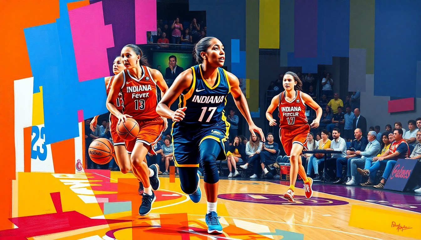 A cubist, geometric painting depicting a WNBA player in motion, with sharp, overlapping planes of color representing the player's movement and energy on the court.