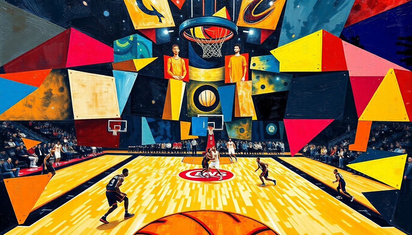 A cubist, geometric painting depicting the dynamic energy of a basketball game between the Cleveland Cavaliers and Atlanta Hawks, with overlapping angular shapes and vibrant colors representing the players' movements and the court's intensity.