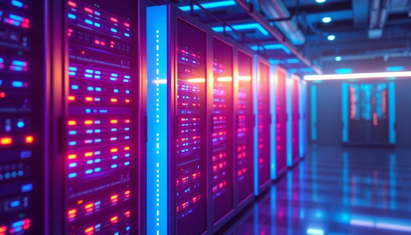 A glowing, neon-lit 3D illustration of a futuristic data center server rack, with pulsing blue and purple lights emanating from the hardware, conceptually representing the community's mixed feelings about the expansion of data centers.