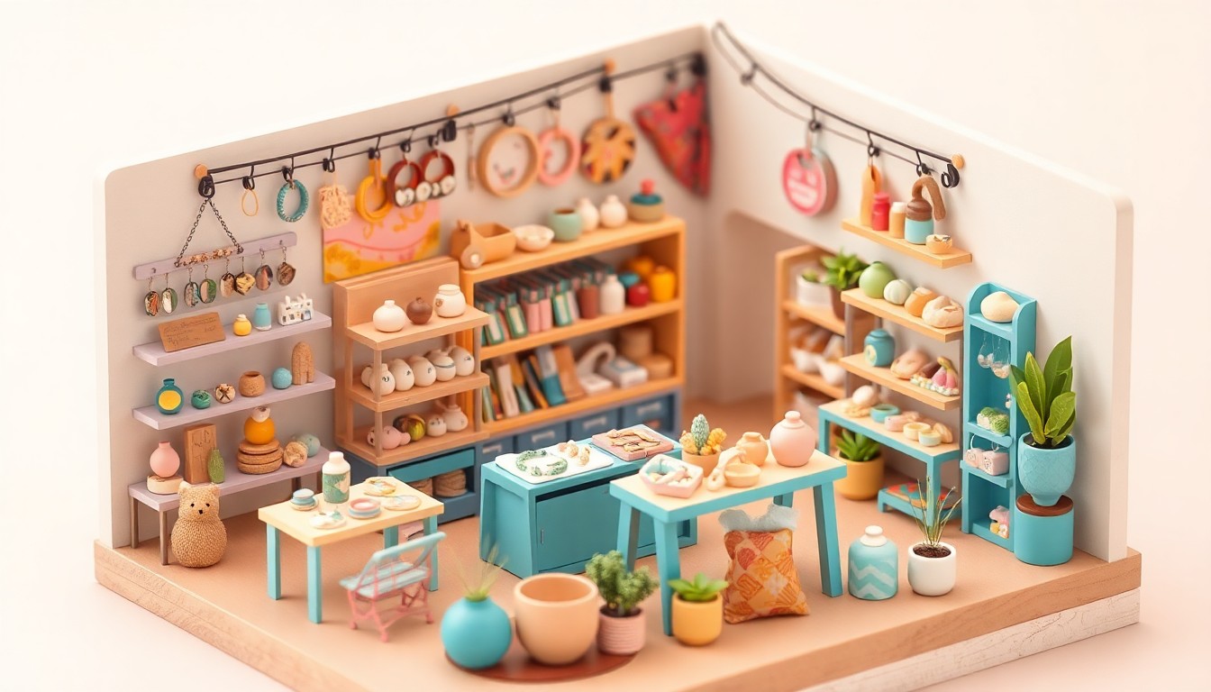 A colorful, minimalist 3D illustration depicting a variety of handmade goods like jewelry, pottery, and artwork arranged on floating shelves, representing the diverse products and creative energy of student-run small businesses.