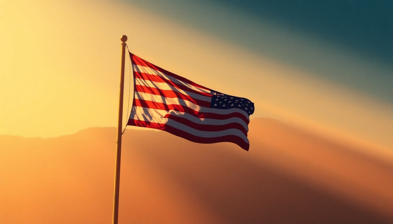 A serene, painterly image of an American flag waving in the sunlight, capturing the quiet drama and tension of the political landscape.