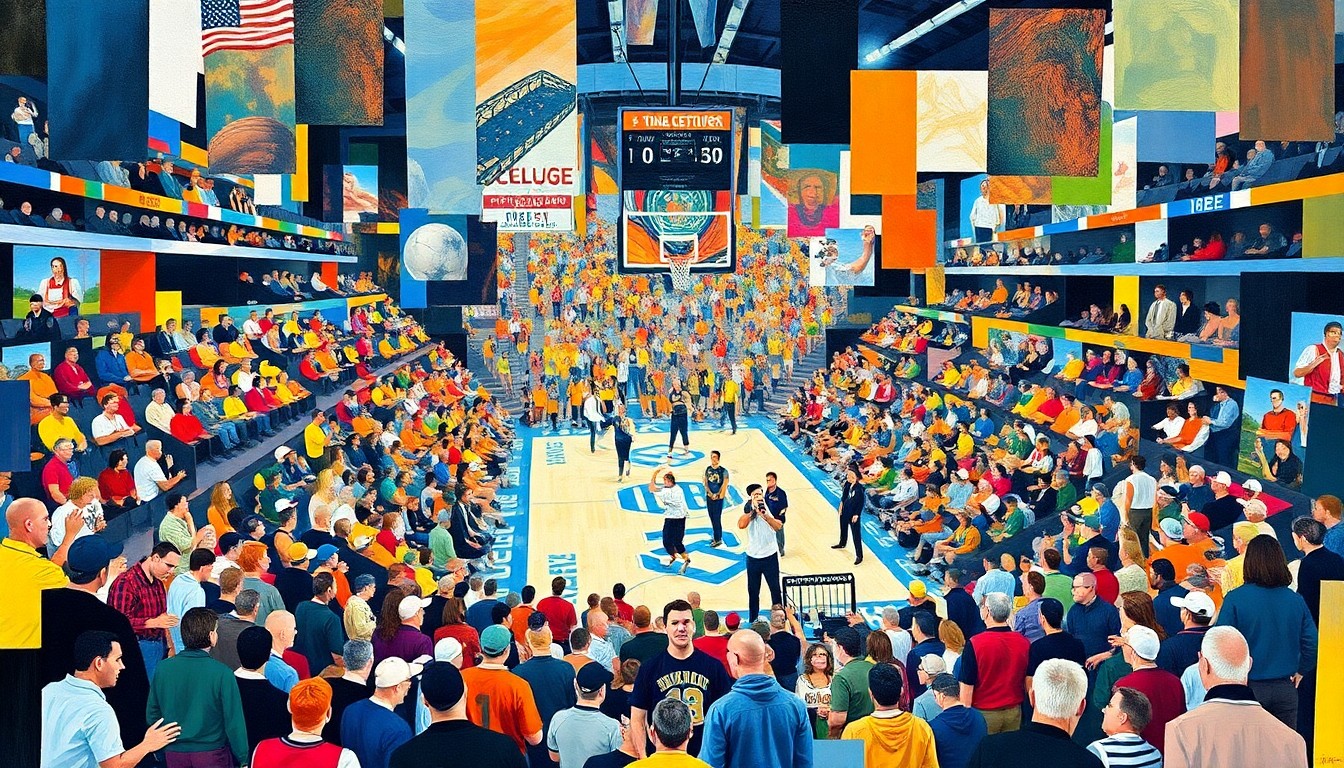 An abstract, cubist-style painting depicting the chaotic energy and overlapping crowds of a college basketball tournament, with vibrant colors and sharp geometric shapes representing the frenetic excitement of the event.