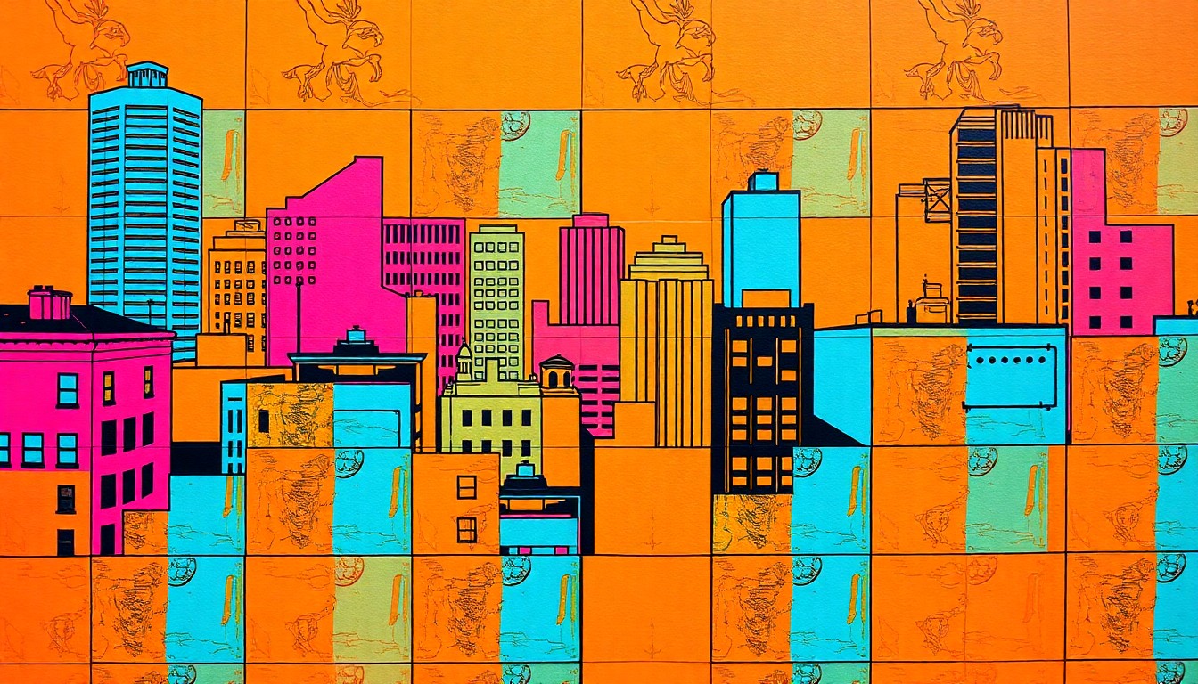 A high-contrast, silkscreen-style illustration featuring a repeating grid of an abstract, colorful downtown mural scene, conceptually representing the public art project's potential to revitalize the urban landscape.