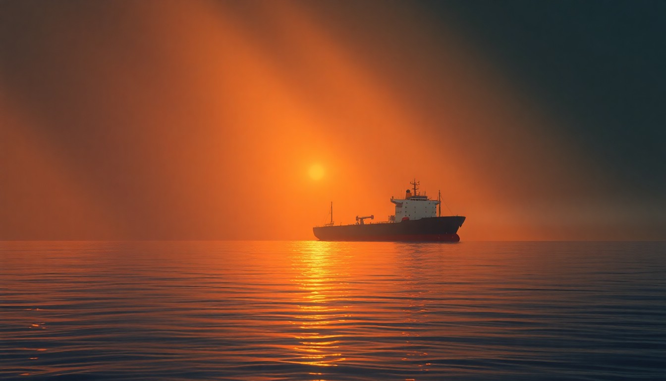 A serene, cinematic painting depicting a lone oil tanker ship silently navigating through the Strait of Hormuz, with warm sunlight and deep shadows creating a sense of quiet contemplation.