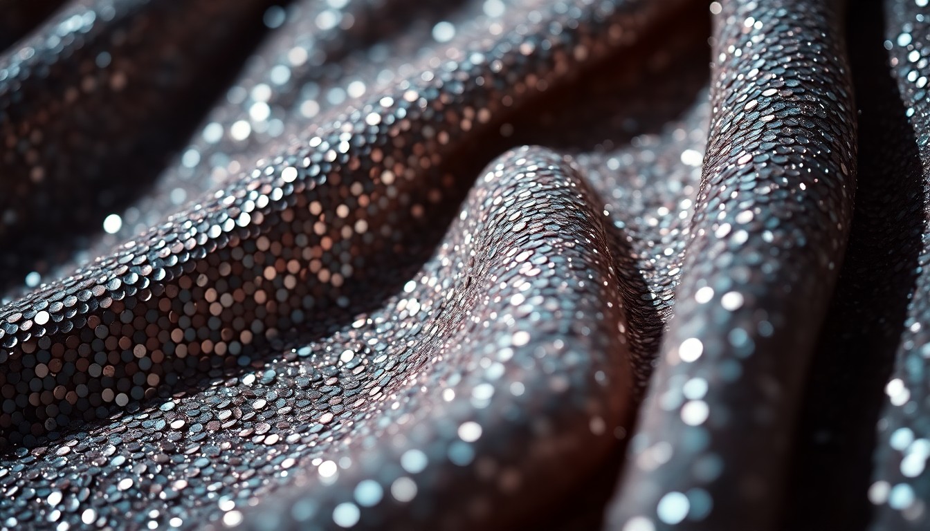 An extreme close-up of shimmering, reflective textures in high contrast, evoking the glamour and allure of the streaming movie industry.