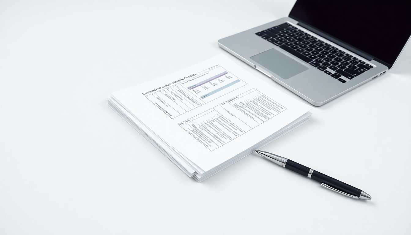 A photorealistic studio still life featuring a stack of business documents, a laptop, and a pen arranged on a clean, white background, symbolizing the abstract concepts of corporate strategy, finance, and business operations.