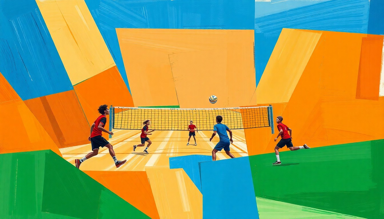 A fragmented, geometric painting depicting the dynamic movements and competitive energy of a boys' high school volleyball game, with overlapping planes of vibrant orange, blue, and green hues.