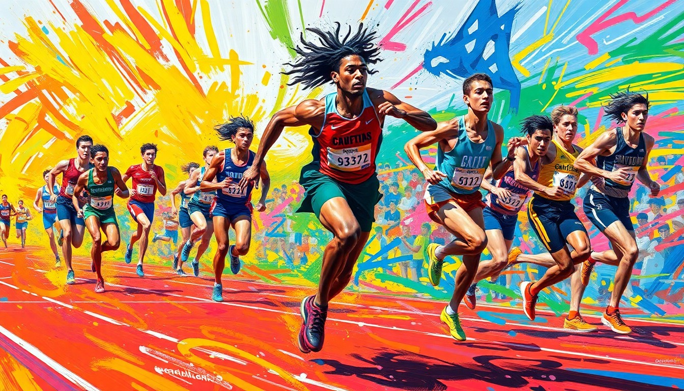 An abstract, expressionist painting featuring vibrant neon brushstrokes and dynamic shapes that capture the raw athletic energy of a high school track and field competition.