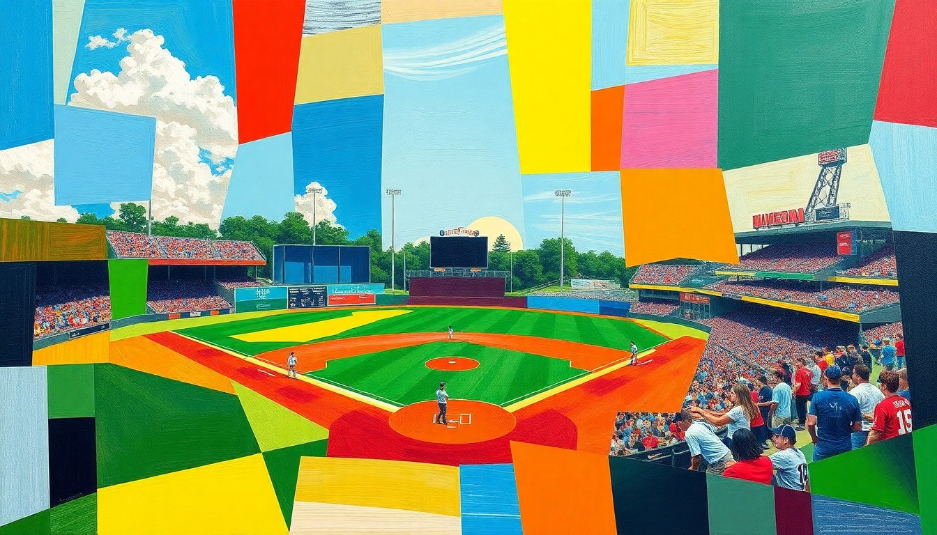A fragmented, geometric painting in bold primary colors depicting a high school baseball game from multiple perspectives, conveying the dynamic energy of the sport.