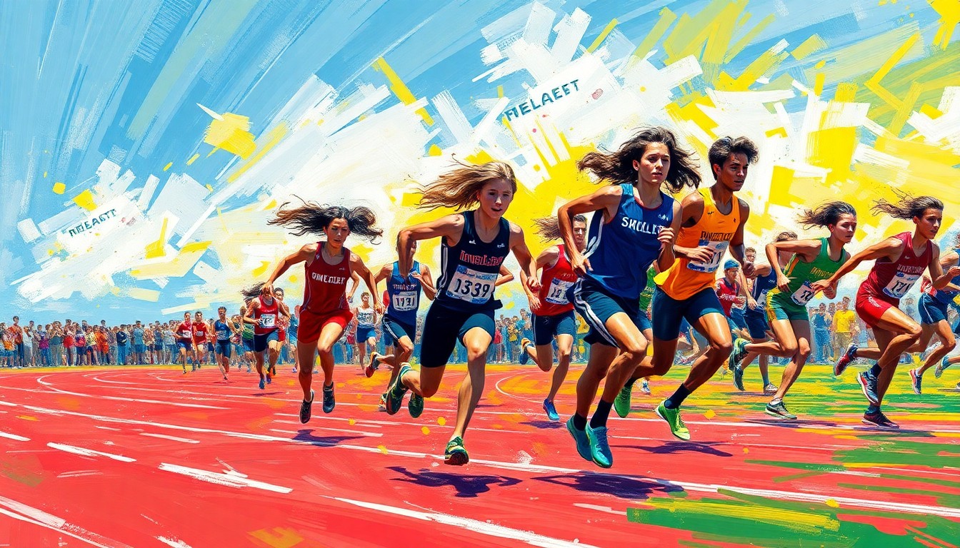An abstract expressionist painting using vibrant neon brushstrokes to depict the dynamic motion and energy of high school track and field athletes competing in a windy outdoor setting.