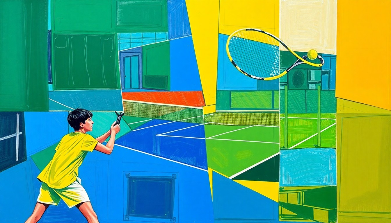 A fragmented, geometric painting depicting a high school tennis match, with sharp overlapping planes of green, blue, and yellow representing the dynamic movements and competitive energy of the young athletes.