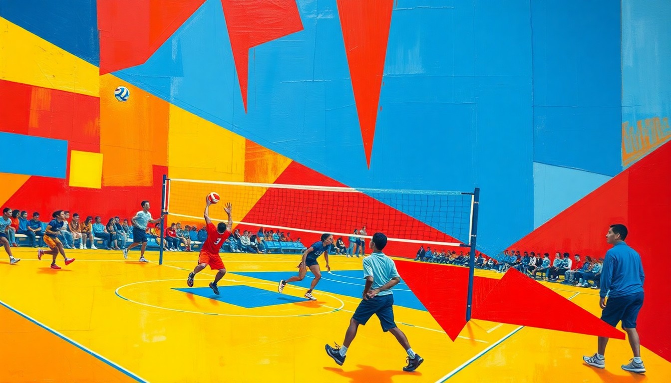 A cubist-style painting featuring overlapping geometric shapes in bright blue, red, and yellow, conceptually representing the fractured nature of a high school volleyball match.