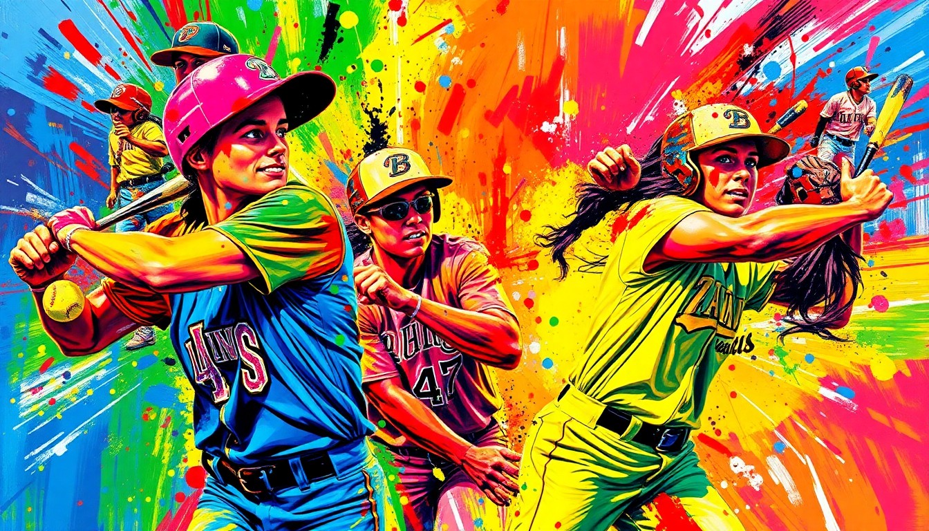 An abstract, expressionist painting in vibrant neon colors depicting the dynamic motion and energy of a college softball game, with players' forms dissolving into bold, gestural brushstrokes.