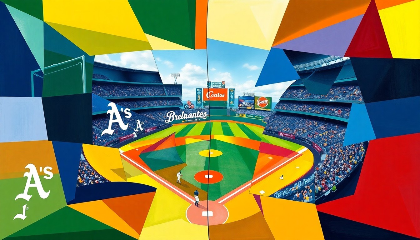 A cubist, geometric painting depicting a baseball game or match between two teams, with sharp, overlapping planes of color representing the teams' official palettes.