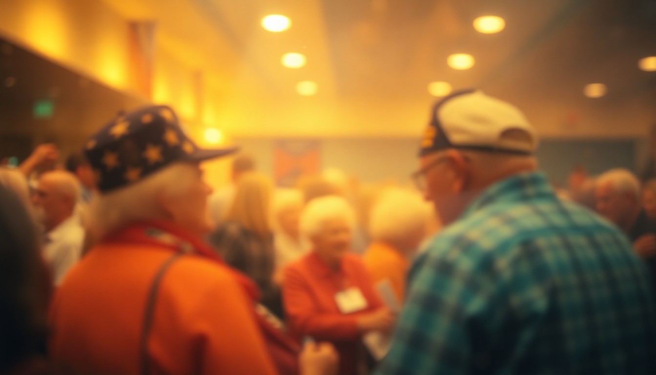 An impressionistic, out-of-focus scene of elderly people conversing and interacting at a community event, conveying a sense of warmth, care, and togetherness.