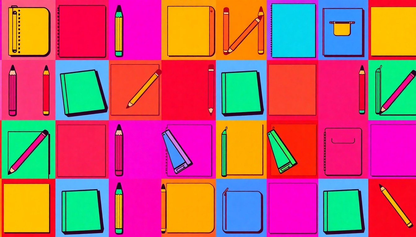 A highly stylized, pop art-inspired grid of brightly colored school supplies, conceptually representing the proposed upgrades to Laurel High School's facilities and programs.