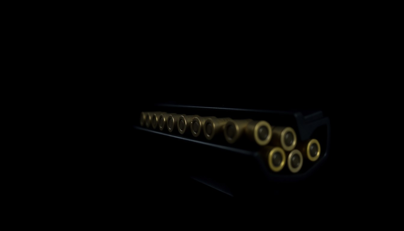 An extreme close-up photograph of a handgun magazine loaded with ammunition, the harsh lighting and dark background creating a stark, gritty aesthetic that conceptually represents the serious threat of a thwarted terrorist attack.