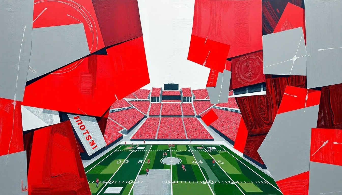 A cubist, geometric painting depicting an Ohio State football game, with sharp, overlapping planes of scarlet and gray representing the team's colors and the dynamic action on the field.
