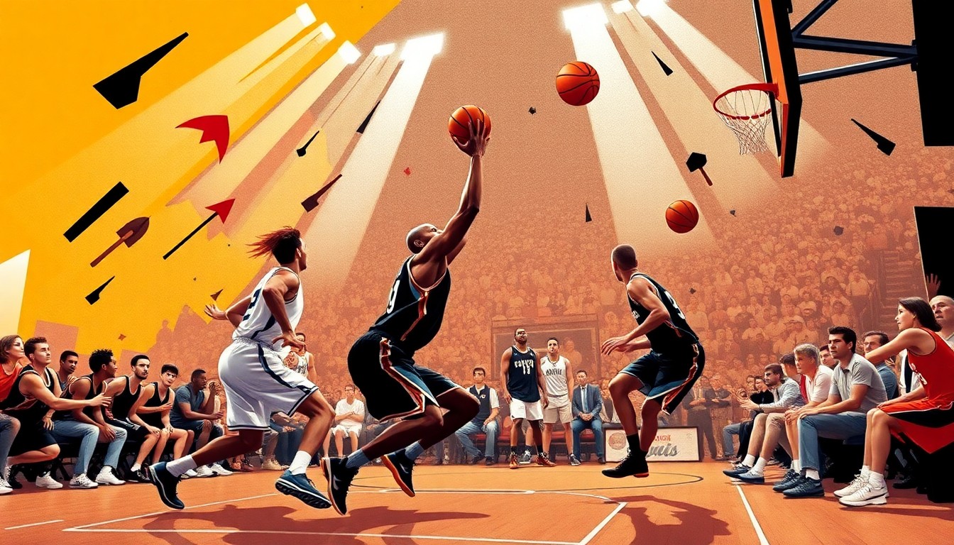A cubist-style painting featuring sharp, overlapping geometric planes in vibrant colors that suggest the dynamic movements and competing perspectives of a high-intensity basketball game, conveying the disruption to normal television viewing schedules.