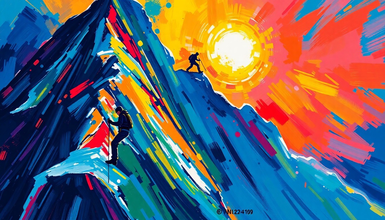 An abstract, energetic painting using bold, neon-colored brushstrokes to depict the dynamic motion of a mountaineer climbing a towering peak, conveying the raw adventurous spirit of Jim Whittaker's historic Everest summit.