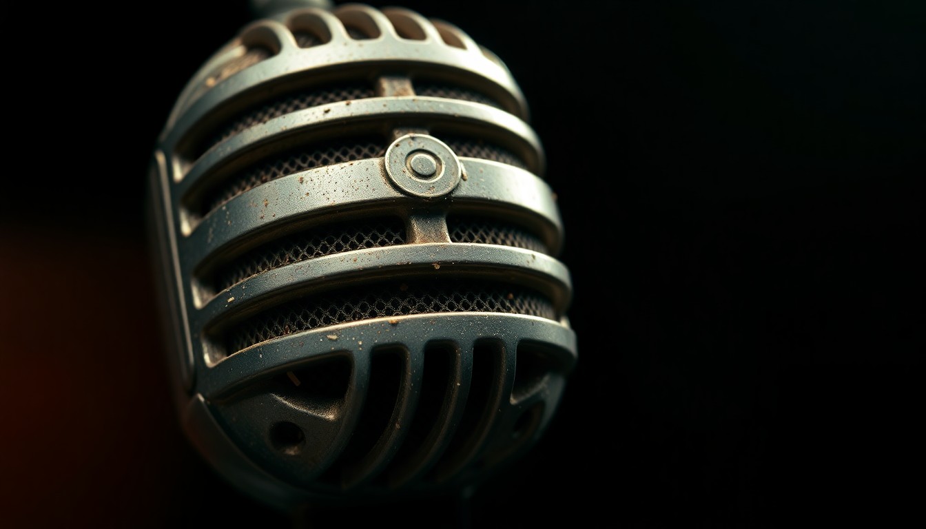 An extreme close-up photograph of a vintage microphone with a worn, weathered surface, capturing the tactile, high-contrast details that evoke the classic country music aesthetic.