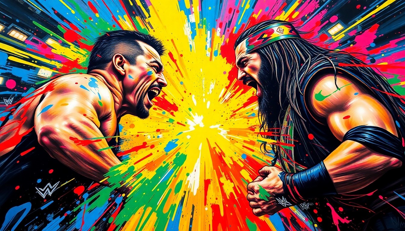An extreme close-up of two wrestlers, their bodies and faces rendered in a vibrant, expressionist style of rapid, neon-colored brushstrokes, capturing the raw energy and intensity of a high-stakes championship match.