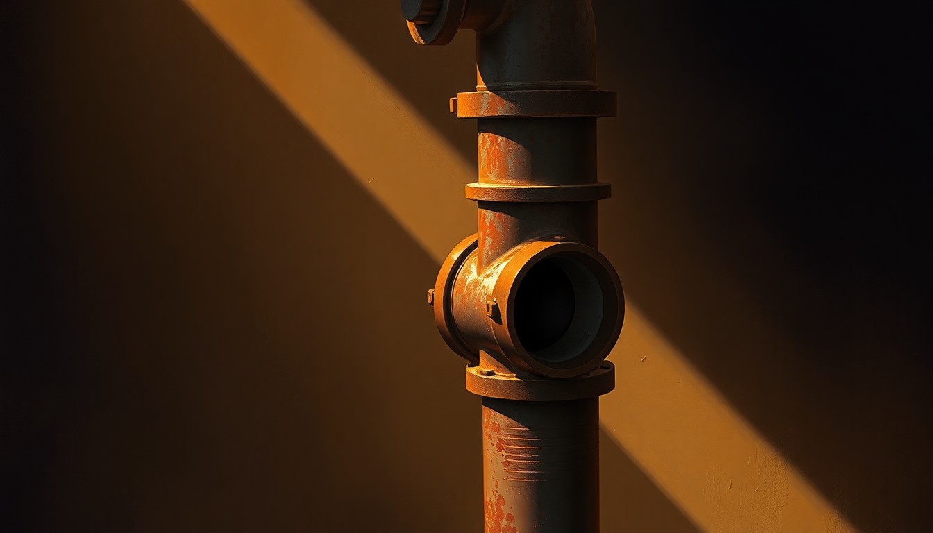 A close-up painting of an old, rusted water pipe fitting in warm, golden light, conceptually representing the hidden dangers of New Orleans' aging water infrastructure.