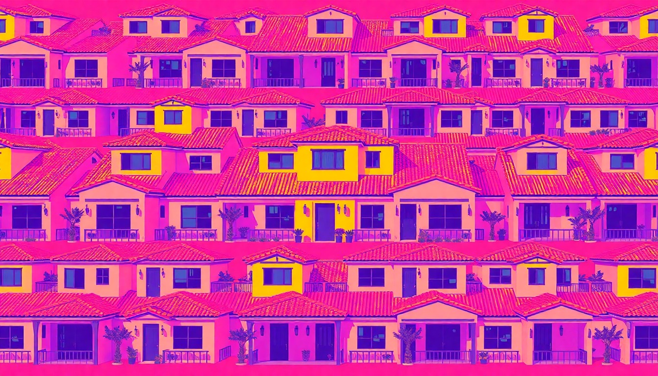 A brightly colored, high-contrast silkscreen print of a modern Spanish colonial-style home, repeated in a tight grid pattern, conceptually representing the affordable housing project in Oklahoma City.