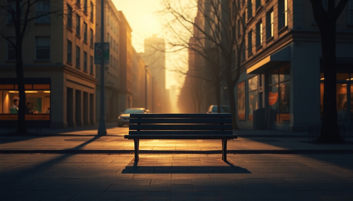 A serene, cinematic painting of an empty park bench on a city street, with warm sunlight casting long shadows across the scene, conveying a sense of solitude and the complex realities of urban homelessness.