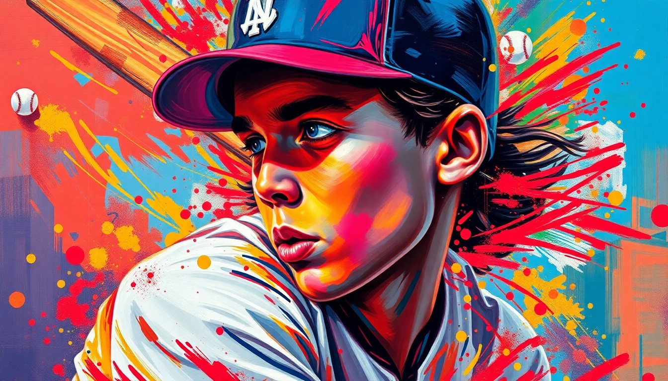 An extreme close-up of a baseball player's face and upper body, rendered in a vibrant, expressionist style with rapid brushstrokes and neon colors, capturing the raw energy and movement of the sport.
