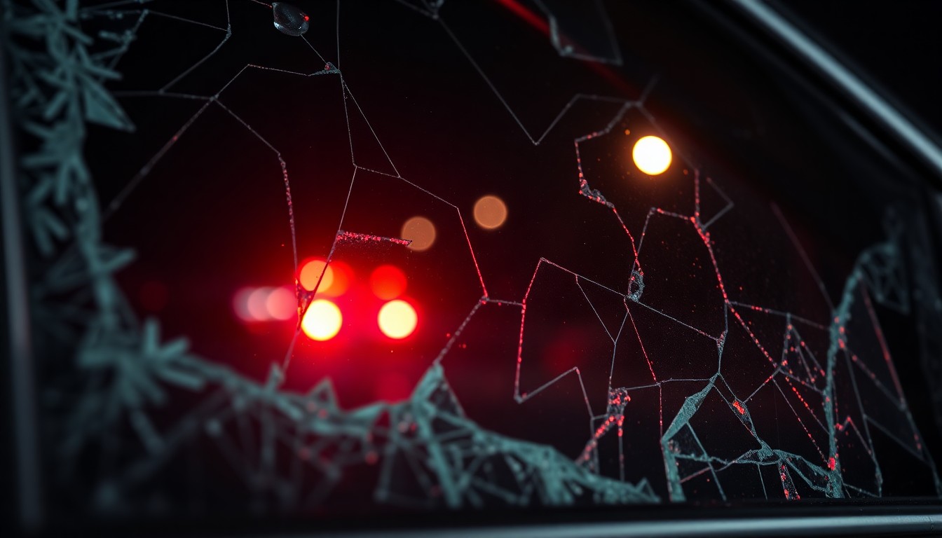 An extreme close-up photograph of shattered car window glass reflecting the faint glow of emergency lights, conveying the somber aftermath of a fatal accident.