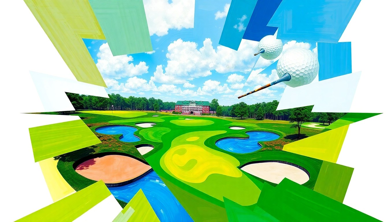 A fractured, multi-perspective painting depicting the Par 3 Contest at Augusta National, with sharp geometric planes of green fairways, blue water hazards, and white golf balls in flight, capturing the energy and excitement of the family-friendly event.
