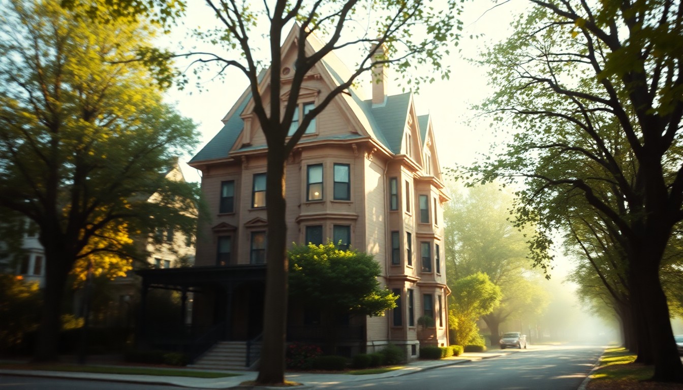 An extremely abstracted, out-of-focus photograph of a historic home on a tree-lined street, with soft pools of warm color and light creating an atmospheric, dreamlike quality that captures the mood of preserving architectural heritage.