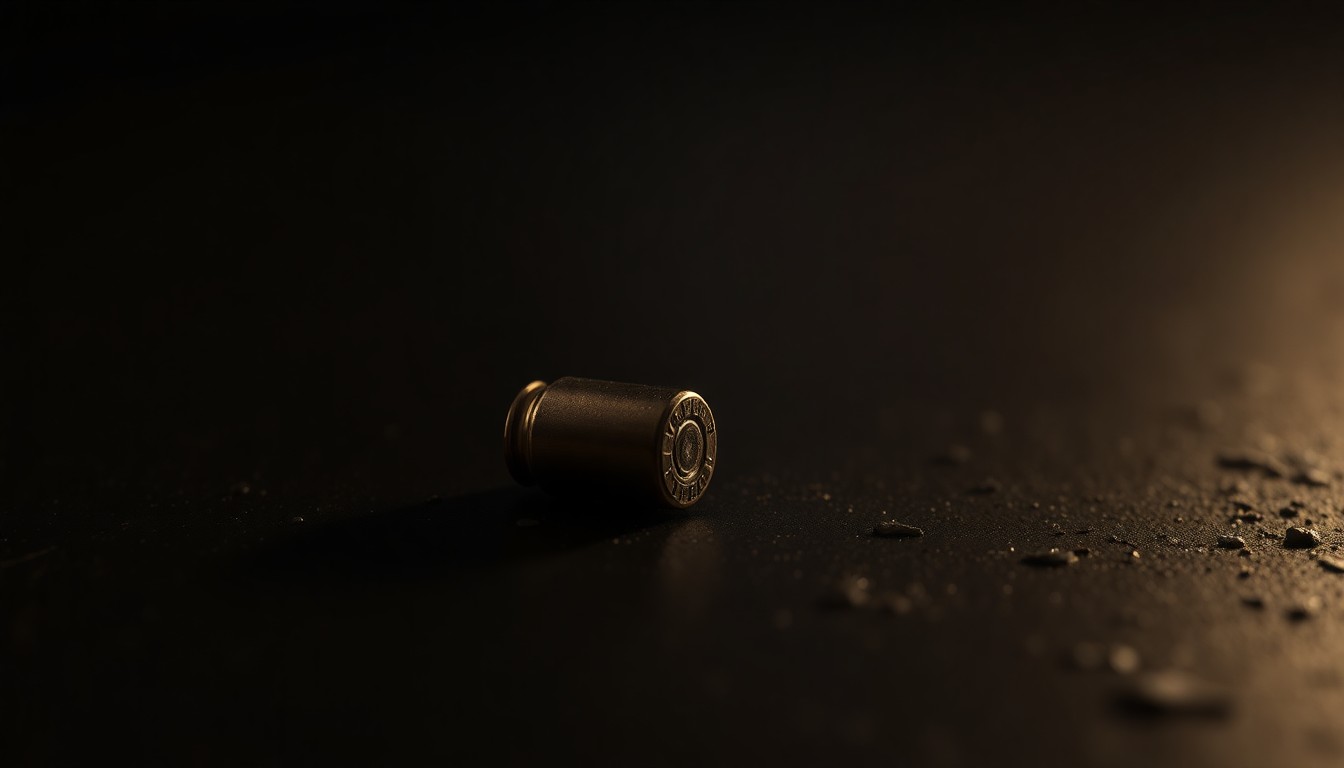 An extreme close-up photograph of a single spent bullet casing on a dark, textured surface, lit by a harsh, direct camera flash, conceptually representing the physical evidence of a gun-related incident.