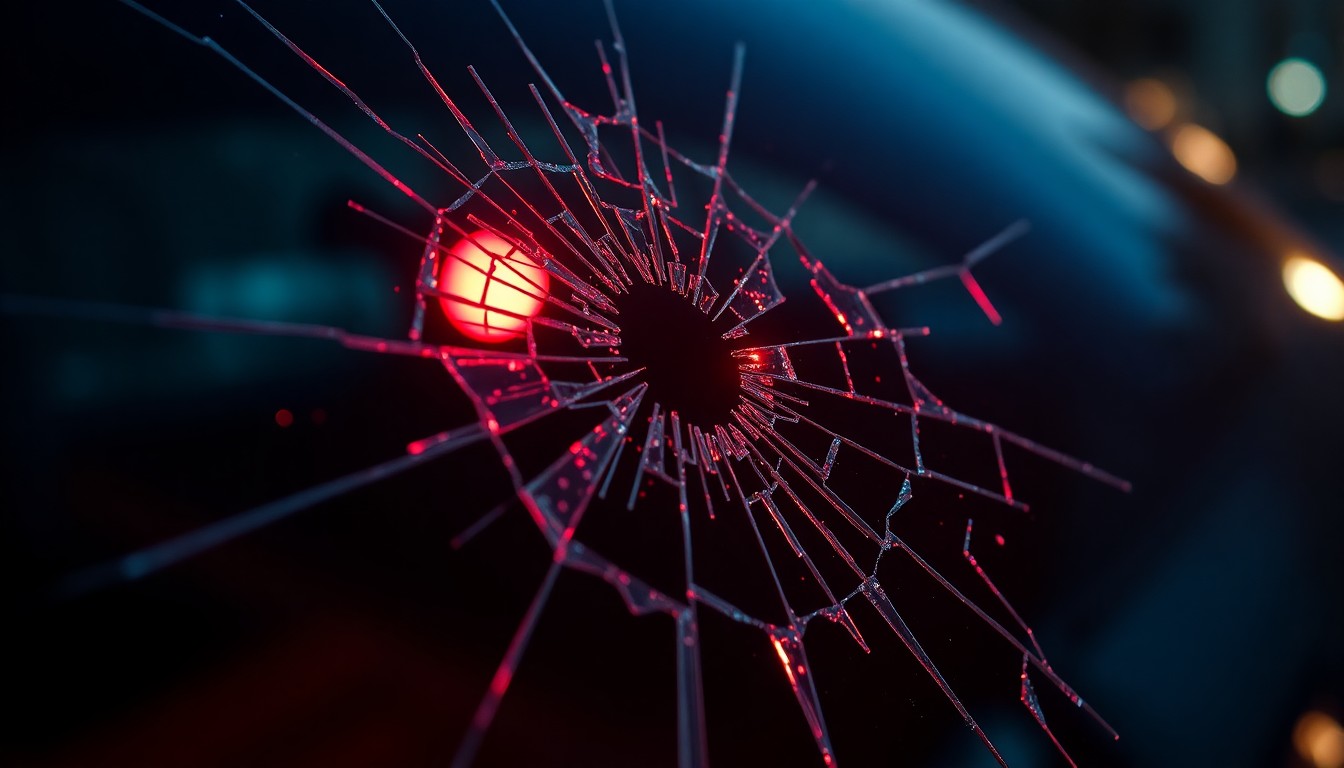 An extreme close-up photograph of shattered glass reflecting a faint red light, conveying a sense of violence and disruption without depicting any actual people or objects.