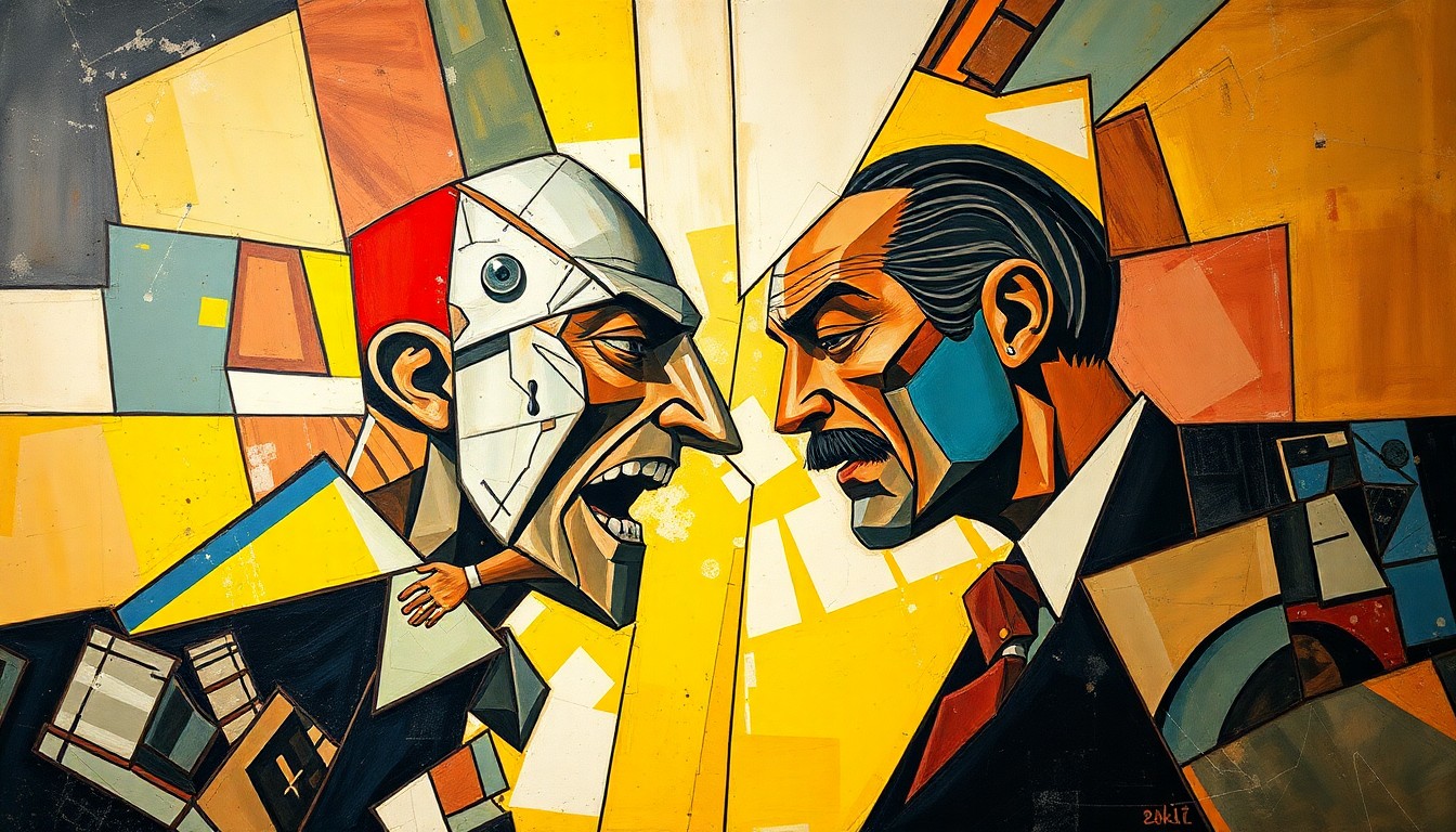 A cubist, geometric painting depicting the confrontation between Jiri Prochazka and Josh Hokit, with sharp, overlapping planes of color and shape representing the dynamic and unpredictable nature of their interaction.