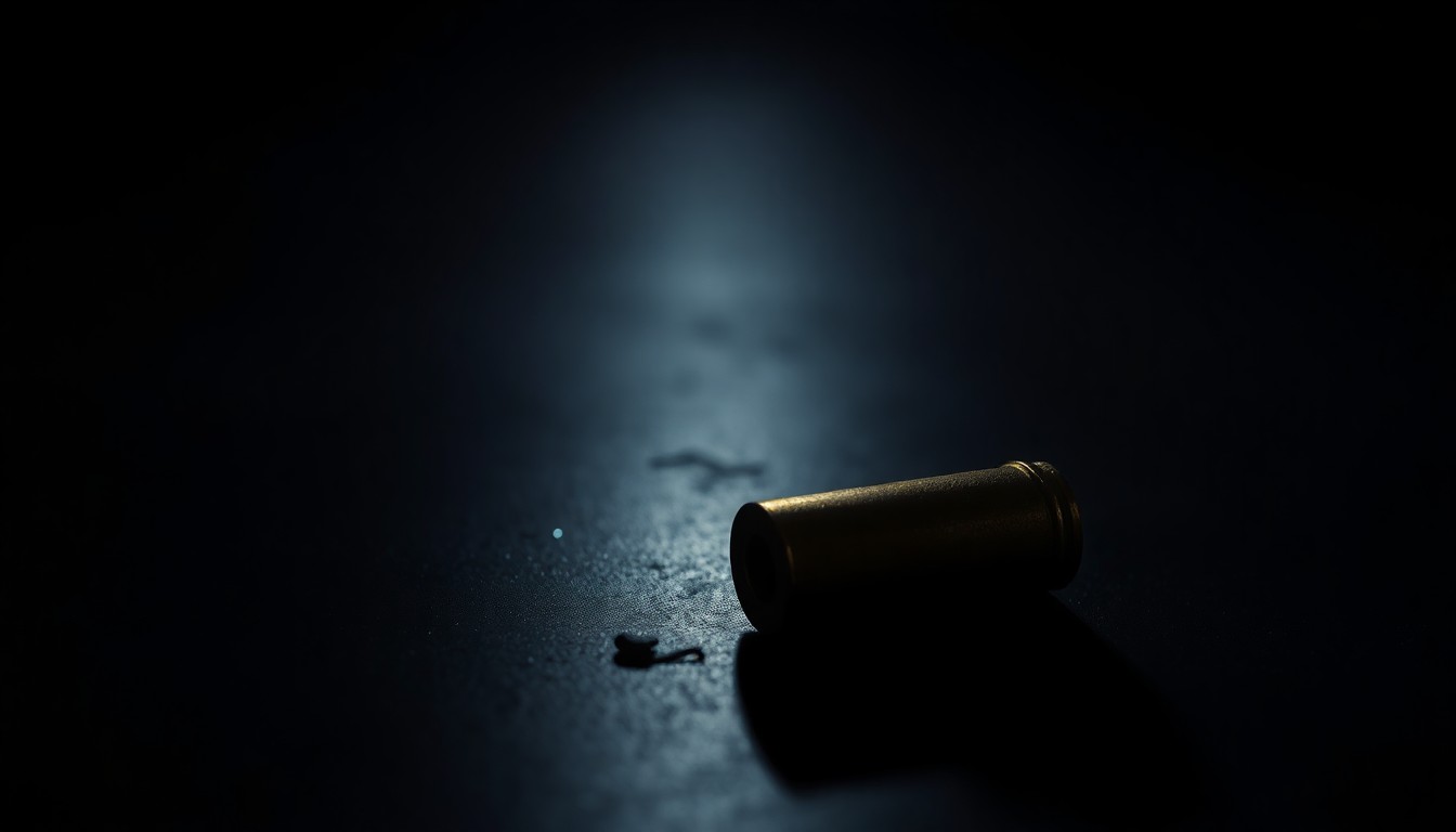 An extreme close-up photograph of a single spent shell casing on a dark surface, the casing reflecting a faint glimmer of light to conceptually illustrate the aftermath of a violent crime.