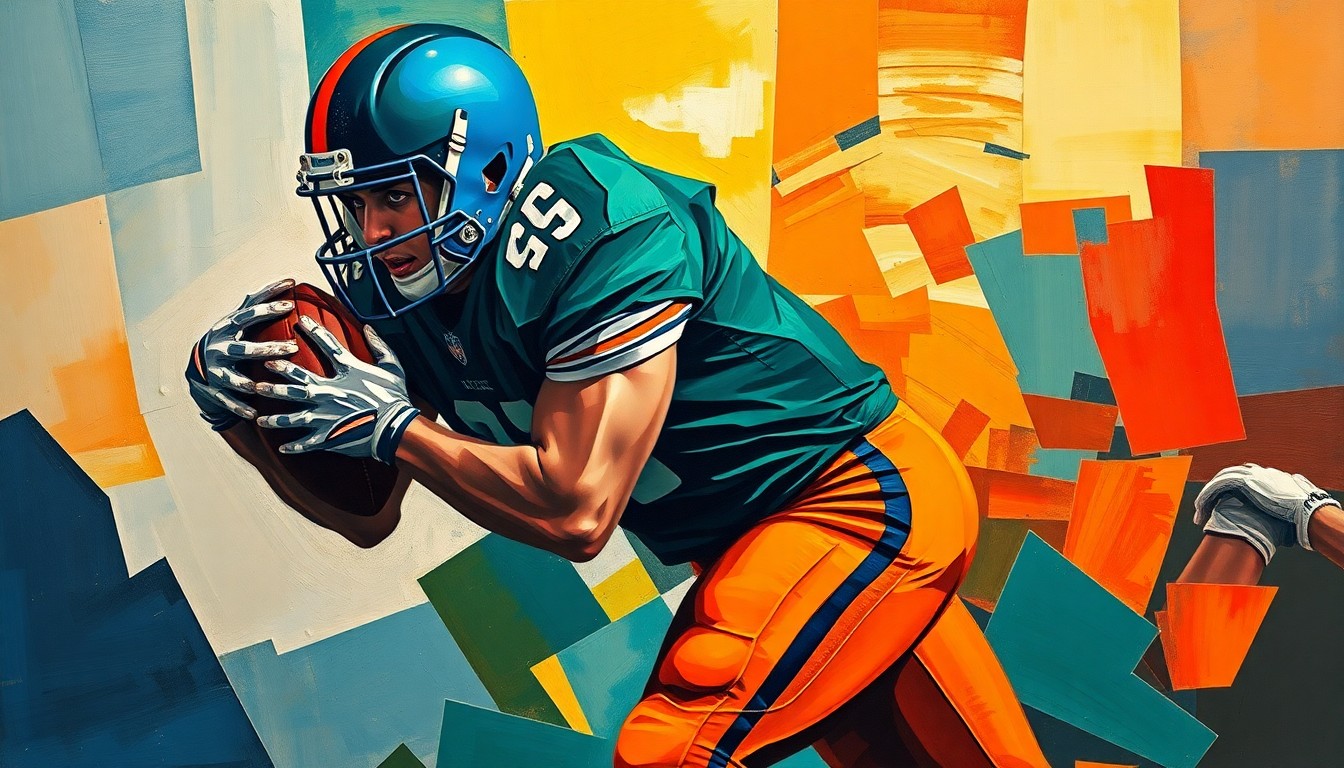 A fragmented, geometric painting depicting a football linebacker making a tackle, with sharp planes of color and overlapping perspectives conveying the intensity of the action.